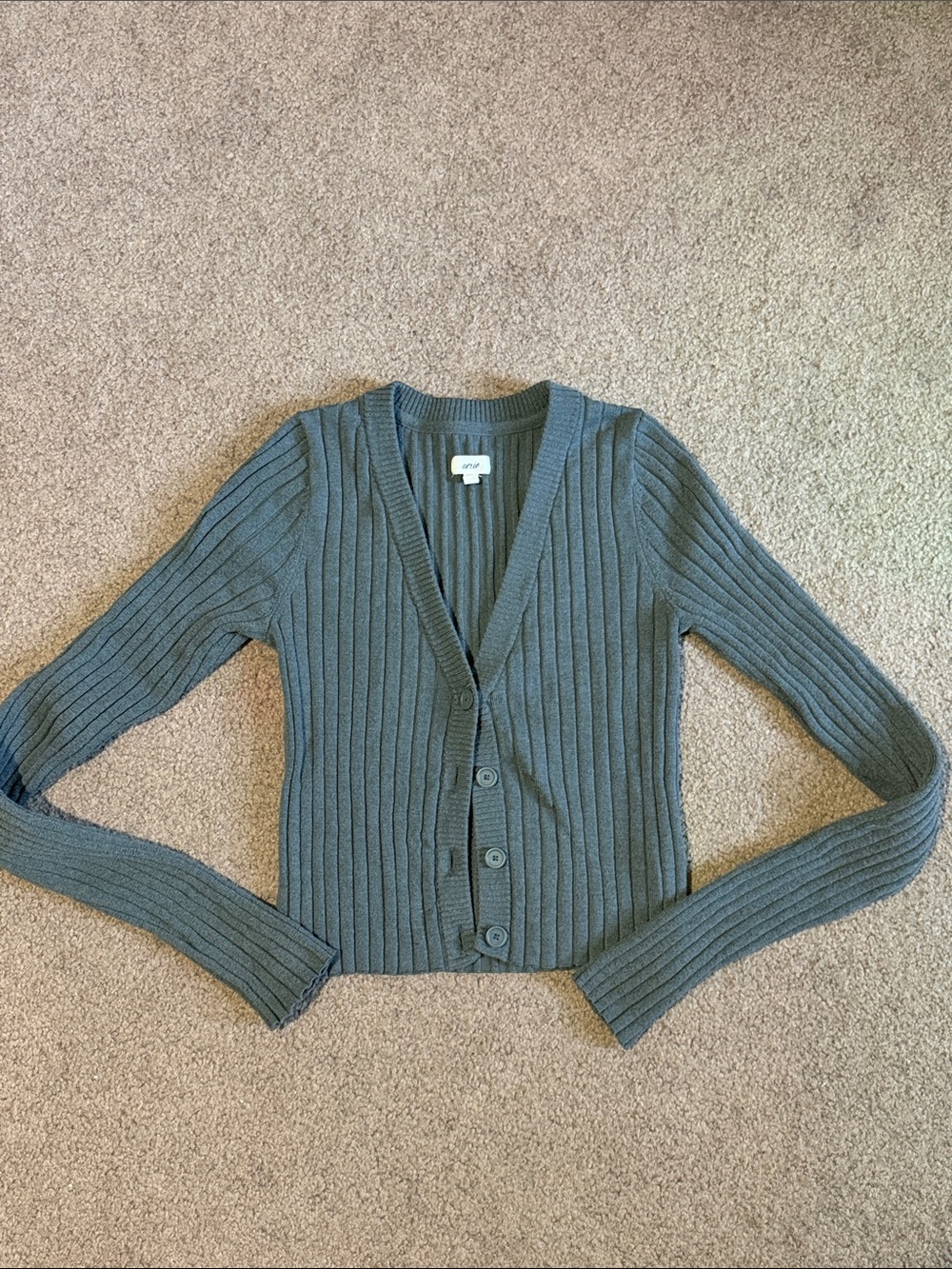 aerie Charcoal Ribbed V-Neck Button-Up Cardigan